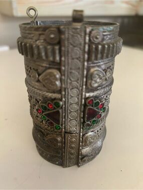 Ornate Silver-Tone Decorative Cuff with Red & Green Stones from India